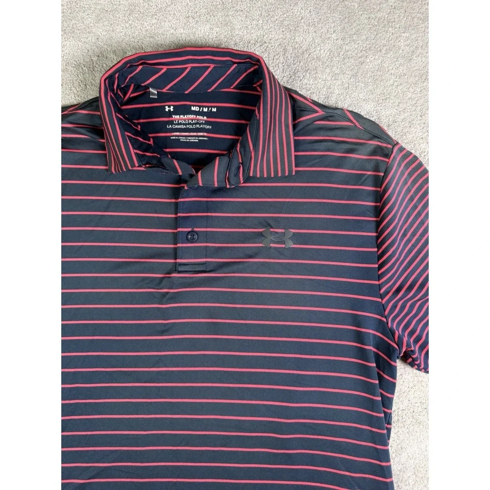Under Armour Playoff Polo Shirt Mens M Blue Striped Short Sleeve Loose